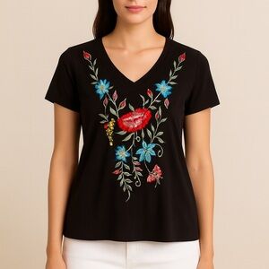 Black V-Neck Floral Embroidered Top